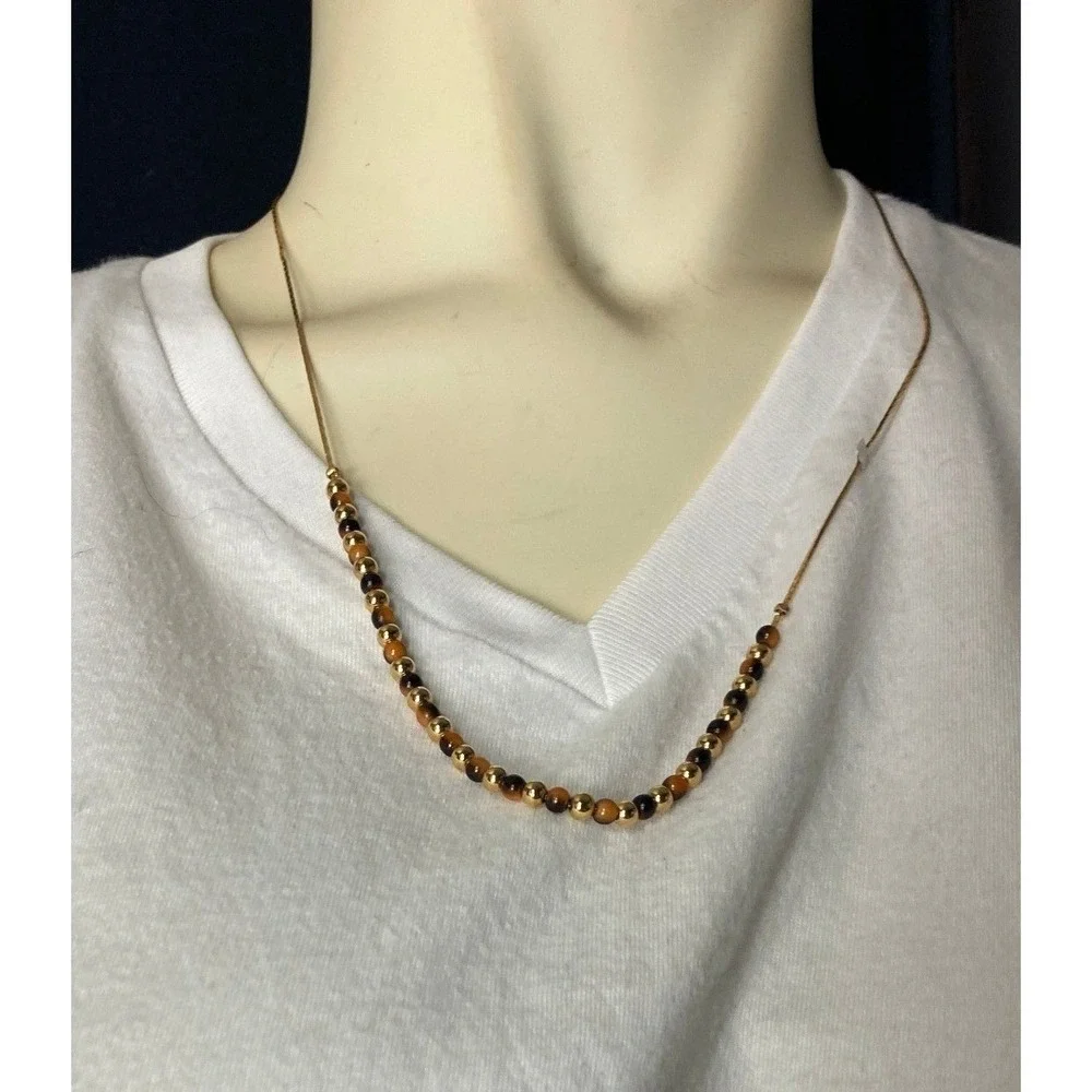 Gold Tone Beaded Necklace Tiger Eye Gemstone Accent‎